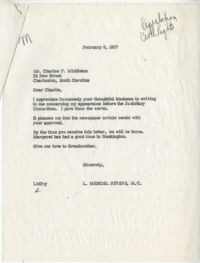 Correspondence between Charles F. Middleton and Representative L. Mendel Rivers, February 1957