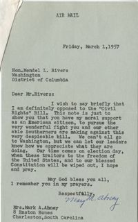 Correspondence between Mark A. Abney and Representative L. Mendel Rivers, March 1957