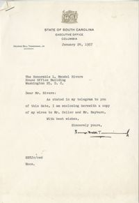 Letter from South Carolina Governor George Bell Timmerman, Jr. to Representative L. Mendel Rivers, January 24, 1957