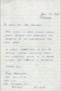 Letter from Robb Harleston, January 16, 1989