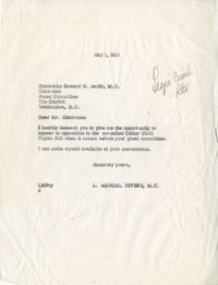 Letter from Representative L. Mendel Rivers to Representative Howard W. Smith (Chairman of the House Rules Committee), May 1, 1957