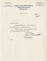 Letter from Representative James Roosevelt to Representative L. Mendel Rivers, April 30, 1957
