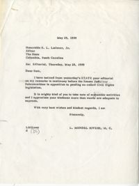 Letter from Representative L. Mendel Rivers to The State Editor S. L. Latimer, Jr., May 29, 1959