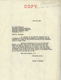 Democratic Committee: Letter from Senator Burnet R. Maybank to John McCormack (Chairman of the Platform Committee of the Democratic National Committee), July 10, 1944