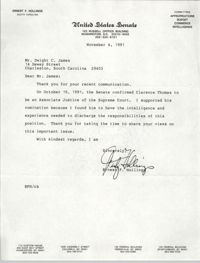 Letter from Ernest F. Hollings to Dwight C. James, November 4, 1991