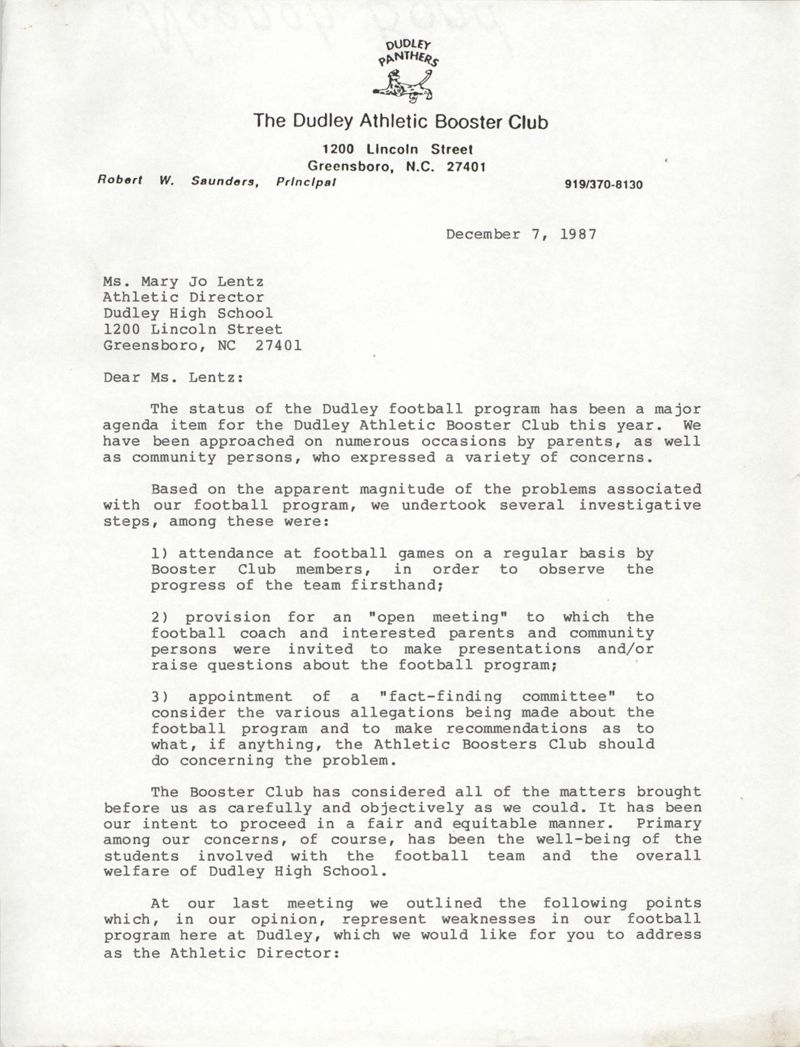 Letter from Cleveland Sellers to Mary Jo Lentz, December 7, 1987 