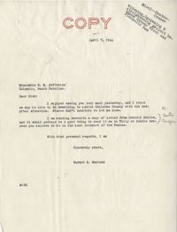 Santee-Cooper: Correspondence between Richard M. Jefferies (General Manager of the South Carolina Public Service Authority) and Senator Burnet R. Maybank, April 7, 1944