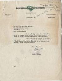 Santee-Cooper: Letter from Robert M. Cooper (General Manager of the South Carolina Public Service Authority) to Senator Burnet R. Maybank, January 23, 1942