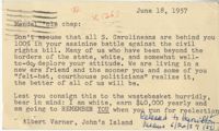 Postcard from Albert Varner to Representative L. Mendel Rivers, June 18, 1957