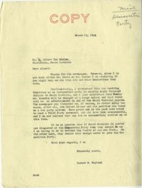 Democratic Committee: Letter from Senator Burnet R. Maybank to Albert Von Dohlean, March 25, 1944