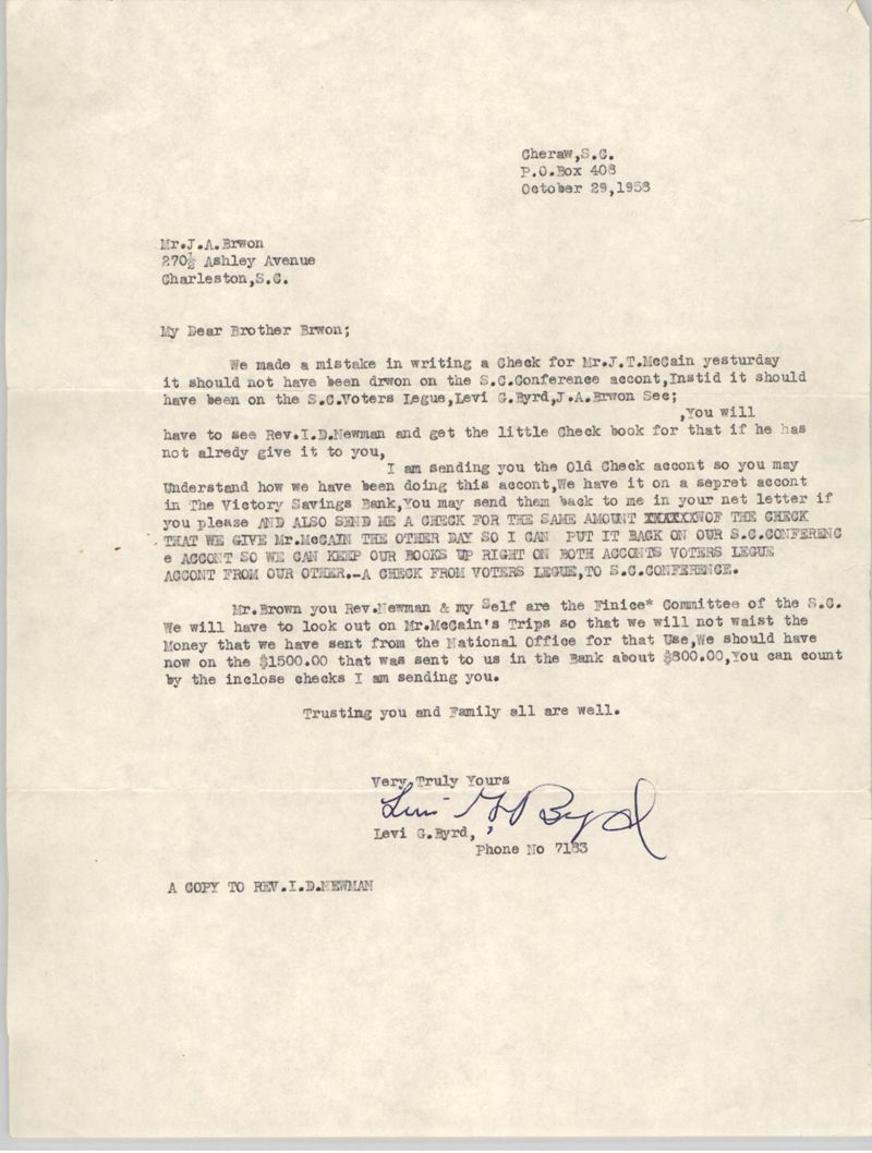 Letter from Levi G. Byrd to J. Arthur Brown, October 29, 1958 | TIFY