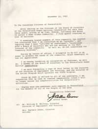 Letter from J. Arthur Brown to Citizens of Petersfield, December 12, 1983