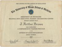 The University of Miami School of Medicine Department of Psychiatry Certificate for J. Arthur Brown, 1972