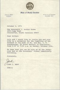 Letter from John C. West to J. Arthur Brown, October 1, 1971