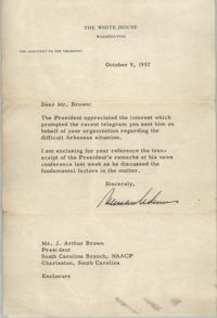 Letter from the White House to J. Arthur Brown, October 9, 1957