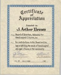 Advocacy for Handicapped Citizens Certificate of Appreciation Awarded to J. Arthur Brown