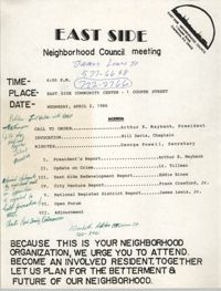 East Side Neighborhood Council Meeting Agenda, April 2, 1986