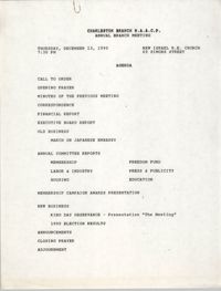 Agenda, Charleston Branch of the NAACP Annual Branch Meeting, December 13, 1990