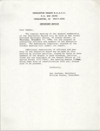 Charleston Branch of the NAACP, Regular Meeting Notice, November 17, 1988