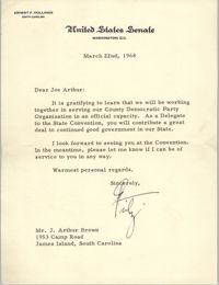Letter from Ernest F. Hollings to J. Arthur Brown, March 22, 1968