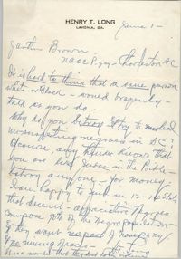 Letter from Henry T. Long to J. Arthur Brown