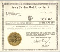 South Carolina Real Estate Board Real Estate Broker's License for J. Arthur Brown