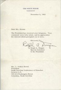 Letter from Ralph A. Dungan to J. Arthur Brown, November 6, 1962