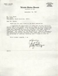 Letter from Ernest F. Hollings to J. Arthur Brown, September 18, 1987
