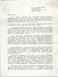 Letter from J. Arthur Brown, April 7, 1986