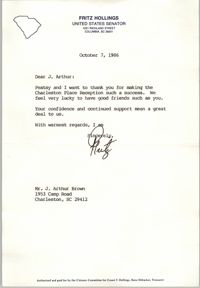 Letter from Ernest F. Hollings to J. Arthur Brown, October 7, 1986