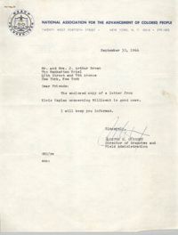 Letter from Gloster B. Current to Mr. and Mrs. J. Arthur Brown, September 30, 1966