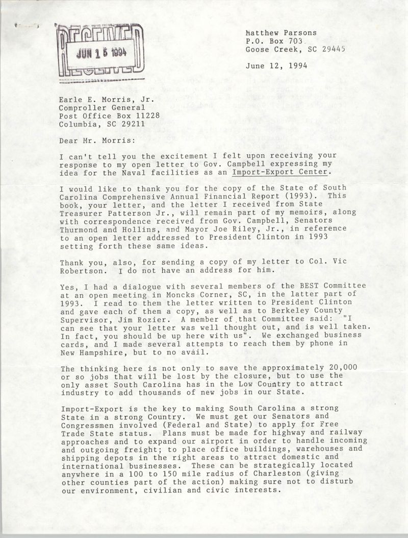 Letter From Matthew Parsons To Earle E Morris Jr June 12 1994 Tify