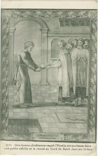 Une bonne chrétienne reçoit l'Hostie miraculeuse dans une petite sébille et la remet au Curé de Saint-Jean-en-Grève.