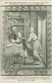 Le Samedi Saint 1290, une femme consent à livrer au Juif Jonathas l'Hostie de sa communion pascale, en échange de ses vêtements mis en gage.
