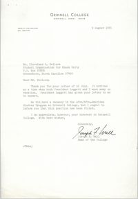 Letter from Joseph F. Wall to Cleveland Sellers, August 9, 1971