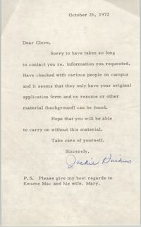Letter from Jackie Haskins to Cleveland Sellers, October 26, 1972