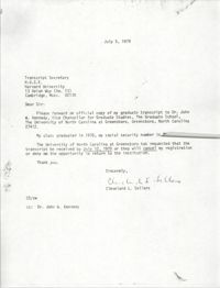Letter from Cleveland Sellers to Transcript Secretary of Harvard University, July 5, 1979