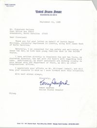 Letter from Terry Sanford to Cleveland Sellers, September 23, 1988