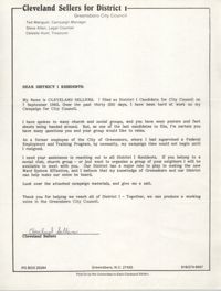 Letter from Cleveland Sellers to District I Residents, September 7, 1983
