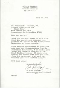 Letter from M. Glen Johnson to Cleveland Sellers, July 27, 1971