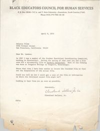 Letter from Cleveland Sellers to Saul Landrau, April 9, 1974
