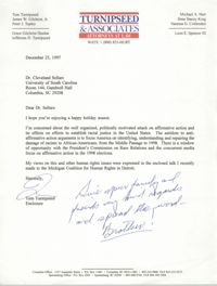 Letter from Tom Turnispseed to Cleveland Sellers, December 23, 1997