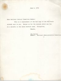Letter from Jan Bailey, June 6, 1974