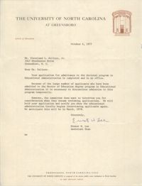 Letter from Ernest W. Lee to Cleveland Sellers, October 4, 1977