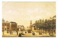 Deventer Houtmarkt, de Israëlitische synagogen. Willem Hekking jr. (1825-1904), kleurenlitho; 1861 / Deventer Houtmarkt, the Jewish synagogues. Willem Hekking jr. (1825-1904), chromolithography
