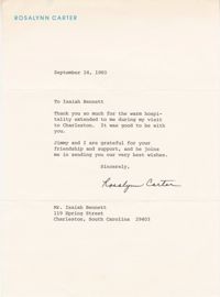 Letter from Rosalynn Carter to Isaiah Bennett thanking him for his hospitality during her visit to Charleston