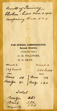 Vote ticket for School Commissioner, including Gustave Pollitzer