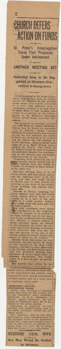 617.  Clipping concerning St. Peter's Episcopal Church fund