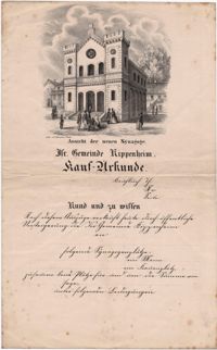Ansicht der Neuen Synagoge. Isr. Gemeinde Kippenheim. Kauf-Urkunde.