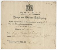 Barend Lion Paerl birth certificate, 1830